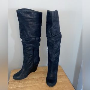 Jessica Simpson Over the Knee Black Leather Slouch Wedge Boots Sexy Heel Sz 9.5